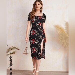 NWOT SHEIN Modely Floral Print Split Thigh Dress Size L
